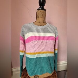 Women's Striped Sweater in Pink, Teal, and Yellow